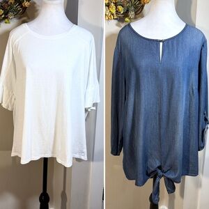 CATO/EST 1946 Lot of 2 Women’s Ruffle Tee/Tie Front Chambray Tops NWT 18-20W💚